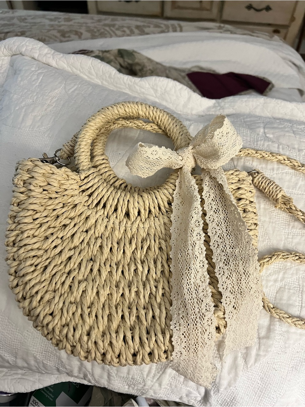 Woven Straw Handbag with Lace Bow - Cream